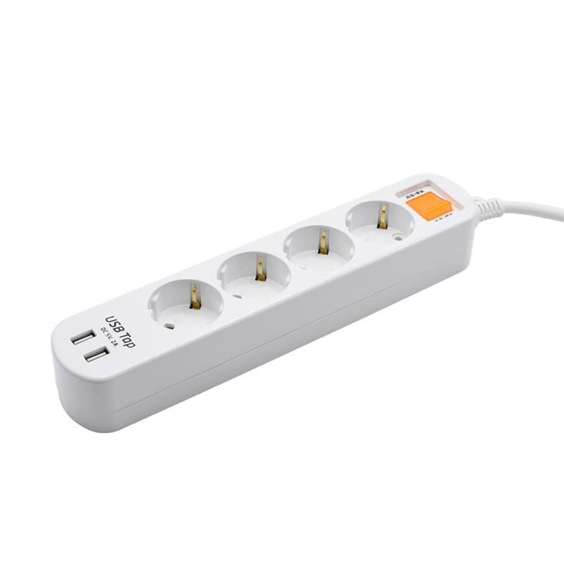 Economical 4 outlets EU standard socket with 2 USB ports and 1 overload protection  switch